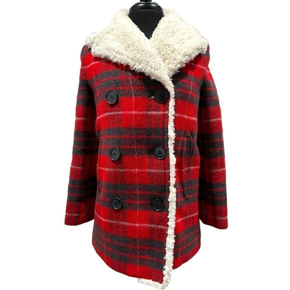 GOLDEN Goose Red Tartan Plaid Alida Pea Coat with Shearling Lining Sz 36 - Picture 1 of 15